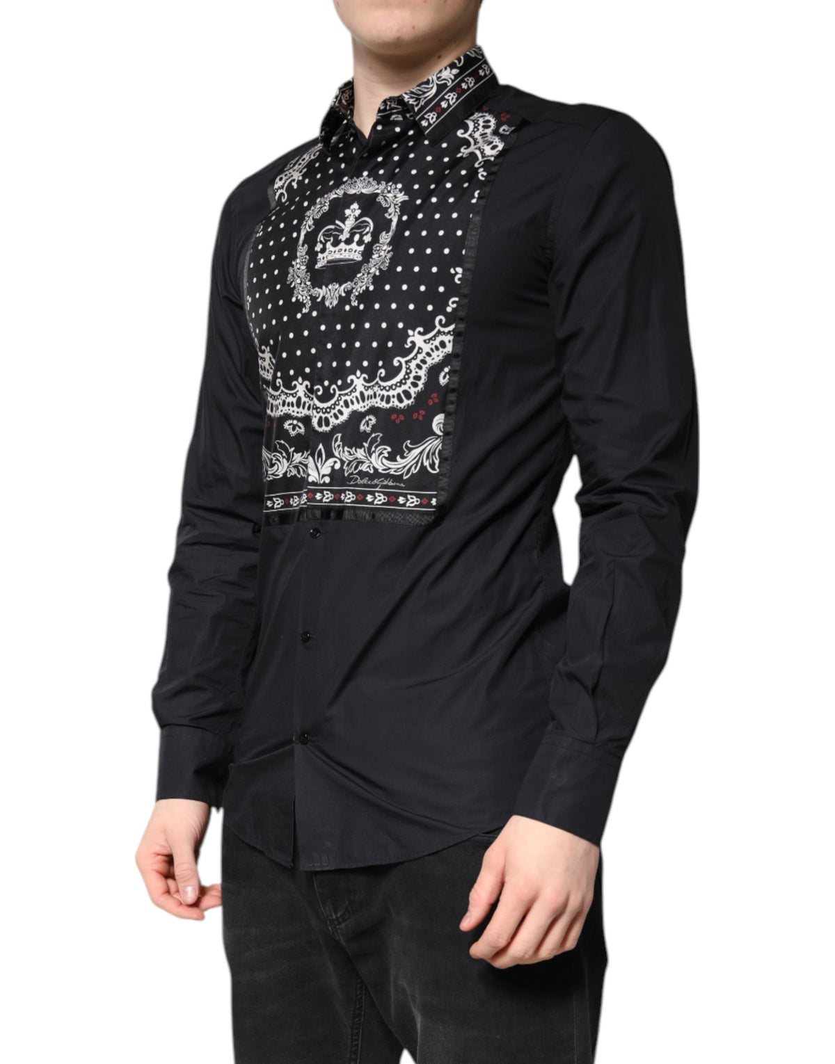 Chemise habillée formelle Dolce &amp; Gabbana à motif bandana noir et blanc, dorée.