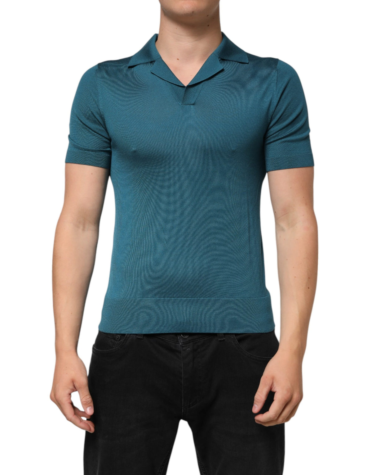 T-shirt polo Dolce & Gabbana en soie bleu sarcelle à col et manches courtes
