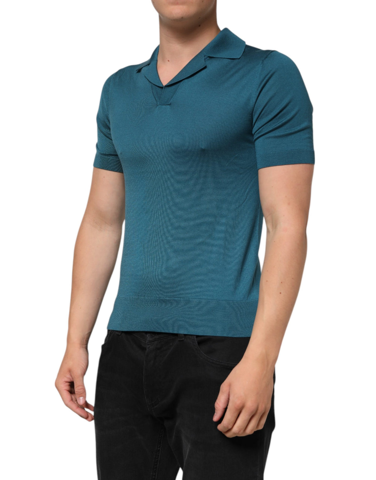 T-shirt polo Dolce & Gabbana en soie bleu sarcelle à col et manches courtes