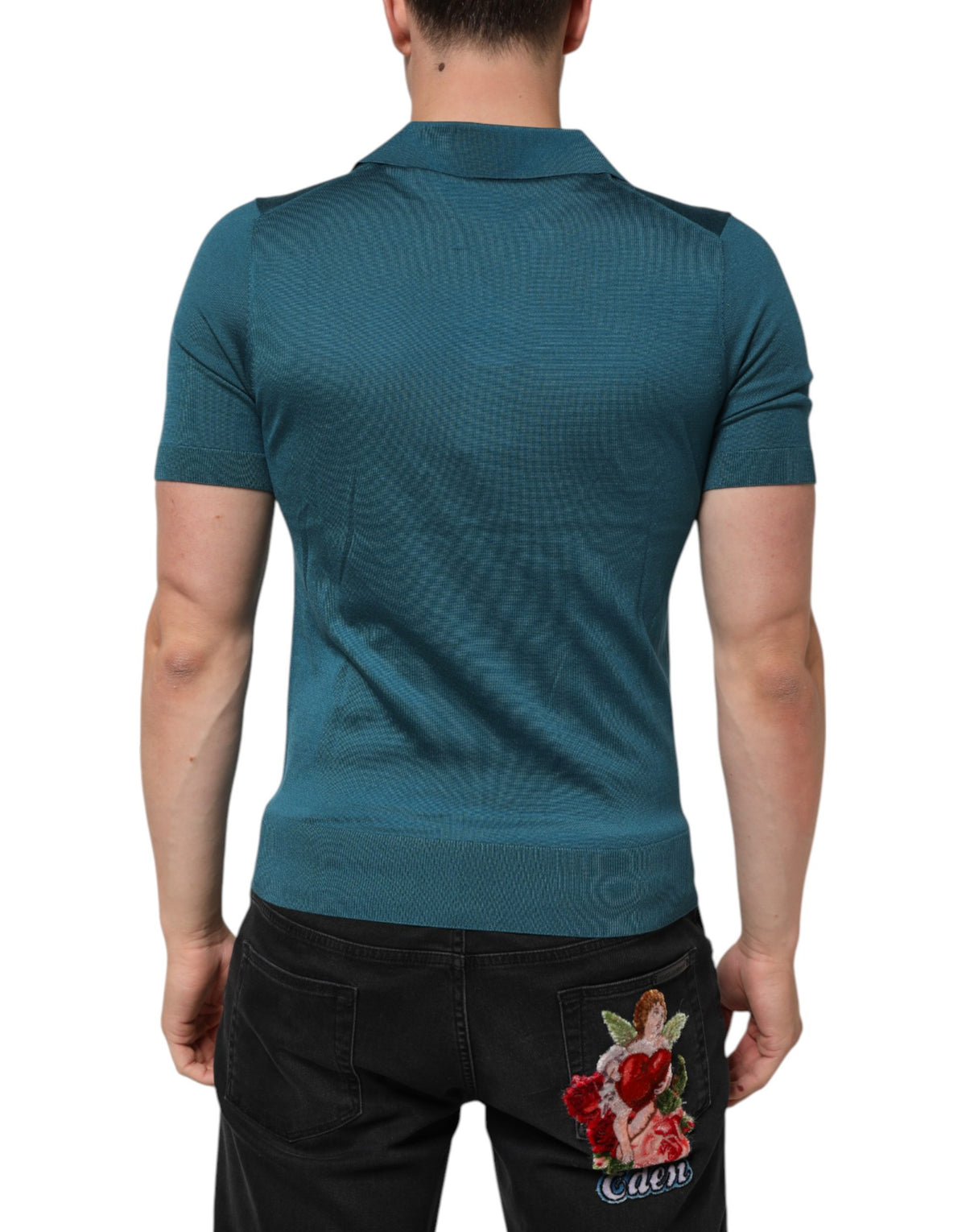 T-shirt polo Dolce & Gabbana en soie bleu sarcelle à col et manches courtes