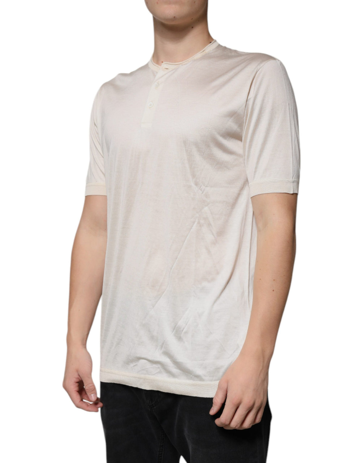 T-shirt Dolce & Gabbana en soie blanc cassé à manches courtes et col Henley