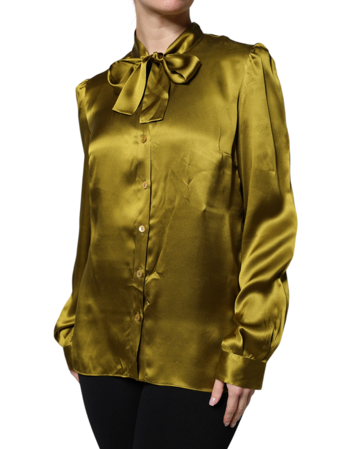 Dolce & Gabbana Green Satin Long Sleeve Ascot Tie Shirt Top