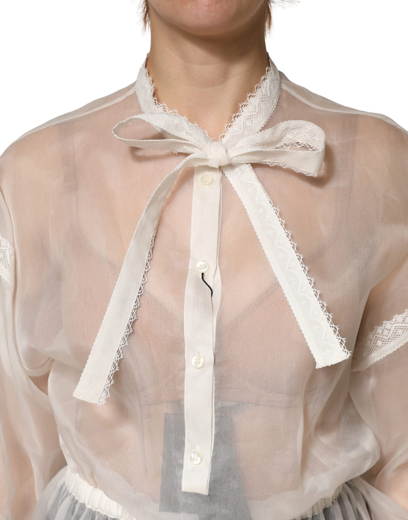 Dolce & Gabbana White Silk Cotton Ascot Collar Blouse Top