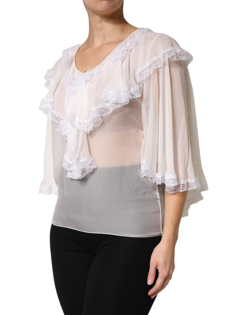 Dolce & Gabbana White Long Sleeve Lace Trim Ruffled Blouse