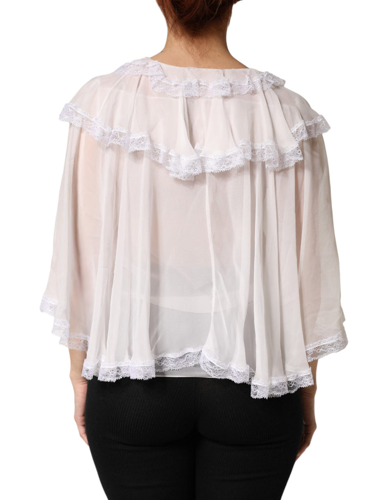 Dolce & Gabbana White Long Sleeve Lace Trim Ruffled Blouse
