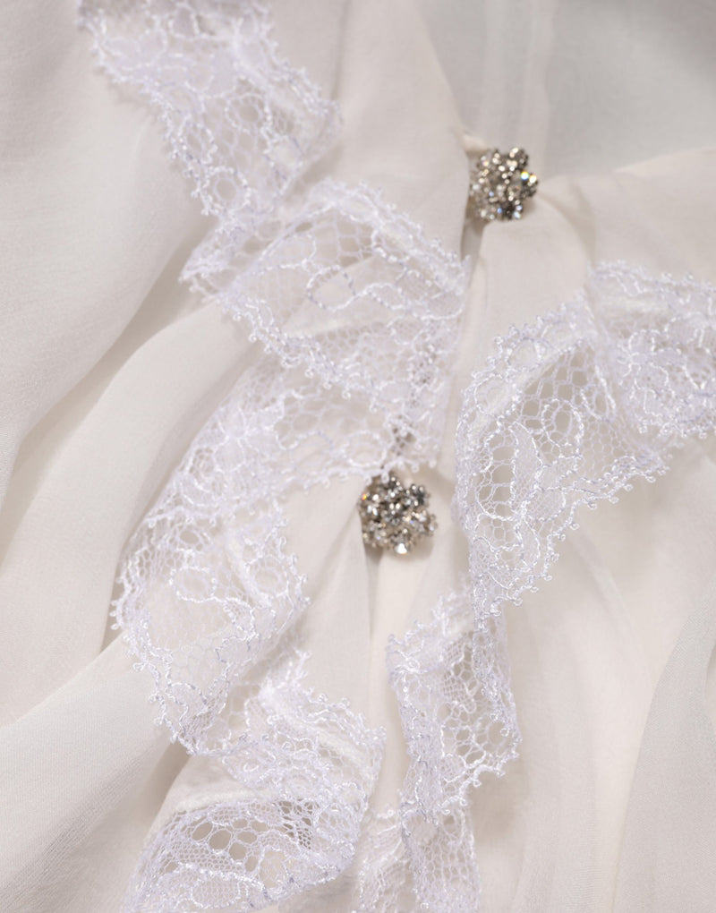 Dolce & Gabbana White Long Sleeve Lace Trim Ruffled Blouse