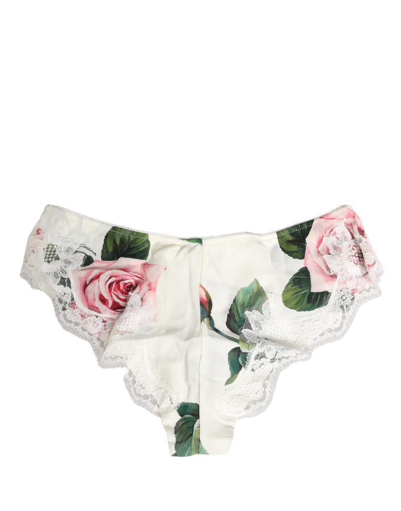 Dolce & Gabbana White Silk Floral Lace Trim Brief Panty