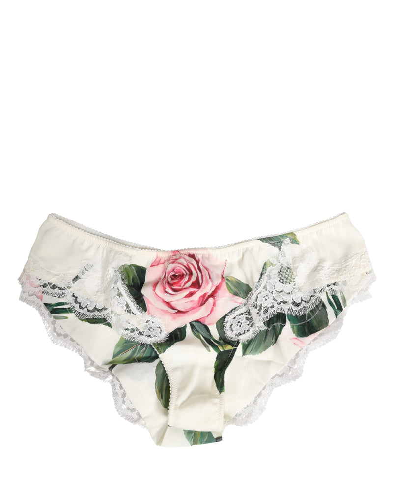 Dolce & Gabbana White Silk Floral Lace Trim Brief Panty