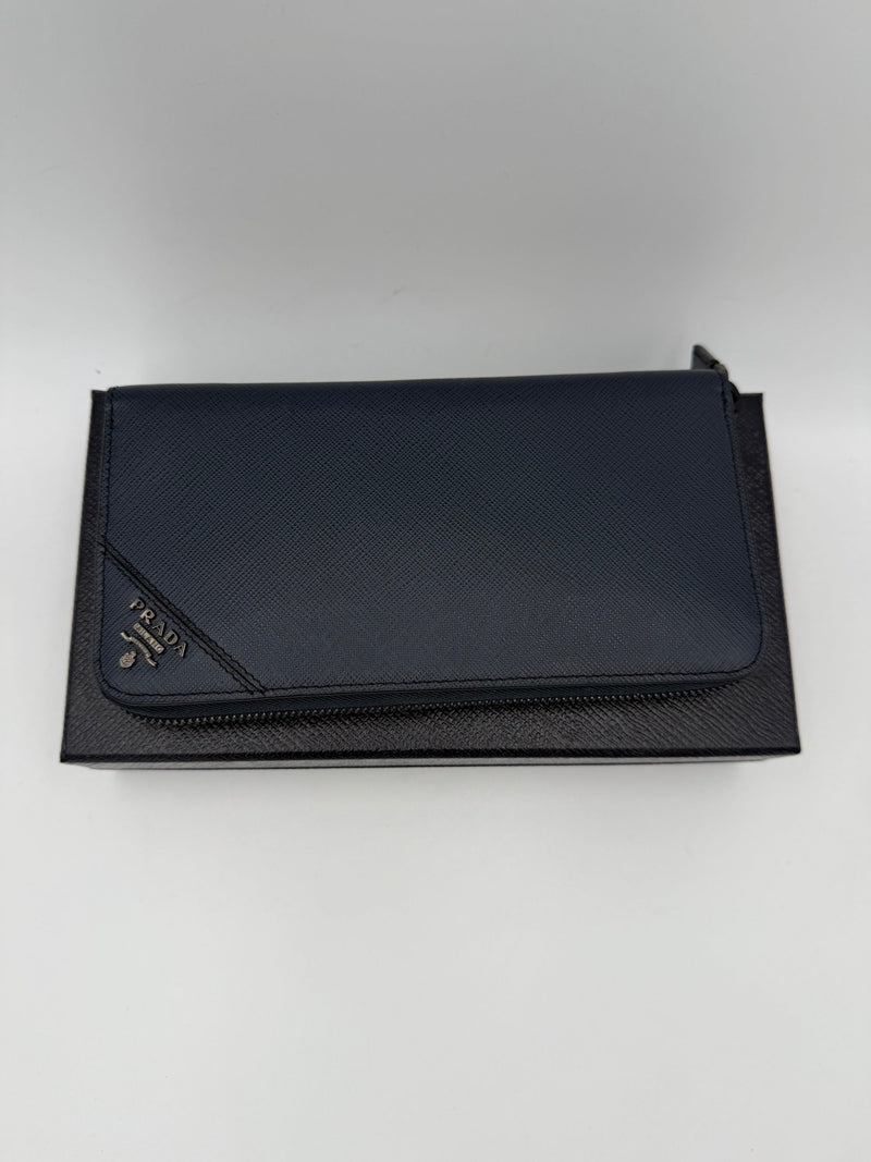 Prada PRADA Zip in Blue Saffiano Wallet