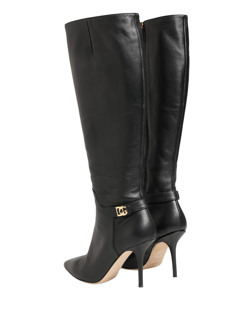 Dolce & Gabbana Black Leather Heels Knee High Boots