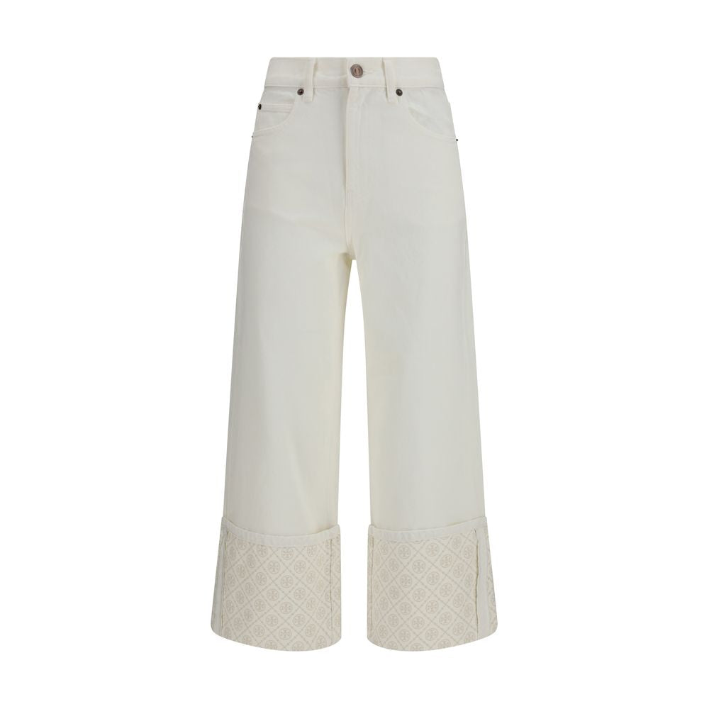 Tory Burch T Monogram Contrast Cuff Straight-Leg Jeans - White
