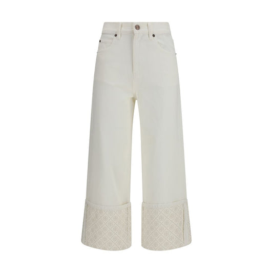 Tory Burch T Monogram Contrast Cuff Straight-Leg Jeans - White