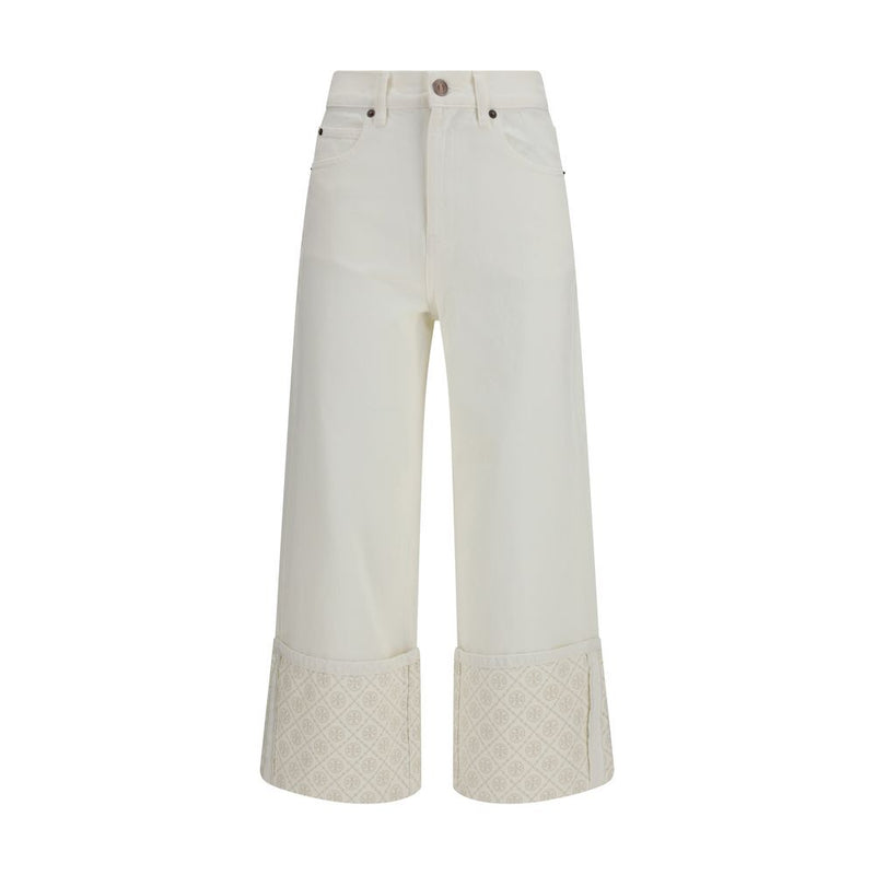 Tory Burch White Cotton T Monogram Contrast Cuff Straight-Leg Jeans