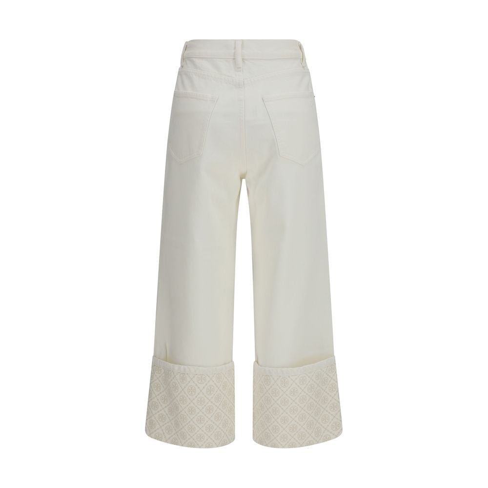 Tory Burch T Monogram Contrast Cuff Straight-Leg Jeans - White