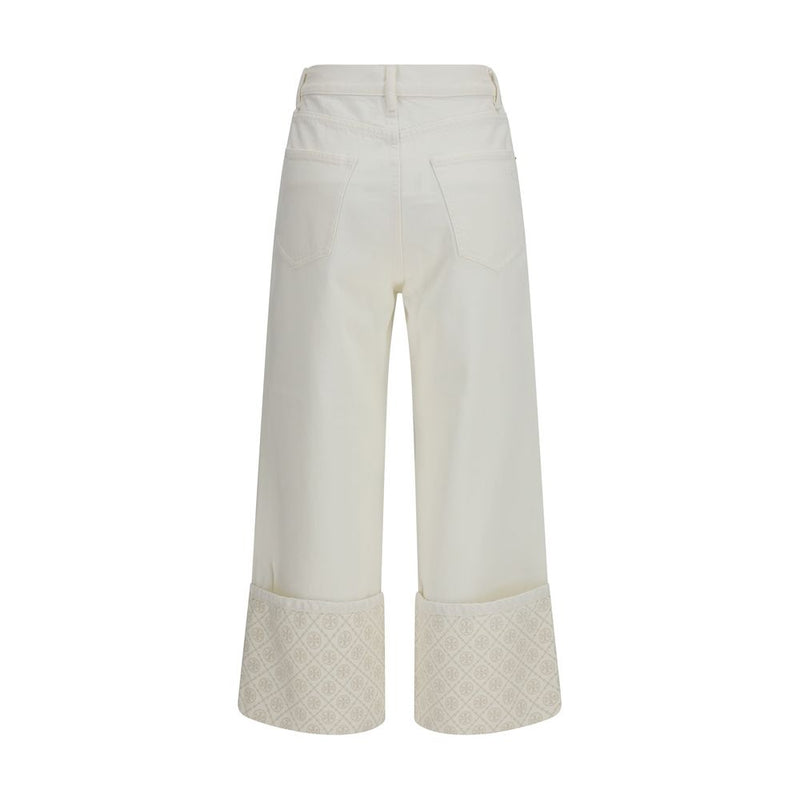 Tory Burch White Cotton T Monogram Contrast Cuff Straight-Leg Jeans