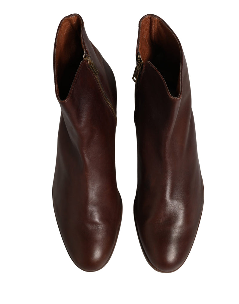 Dolce & Gabbana Brown Leather Flats Biker Ankle Boots