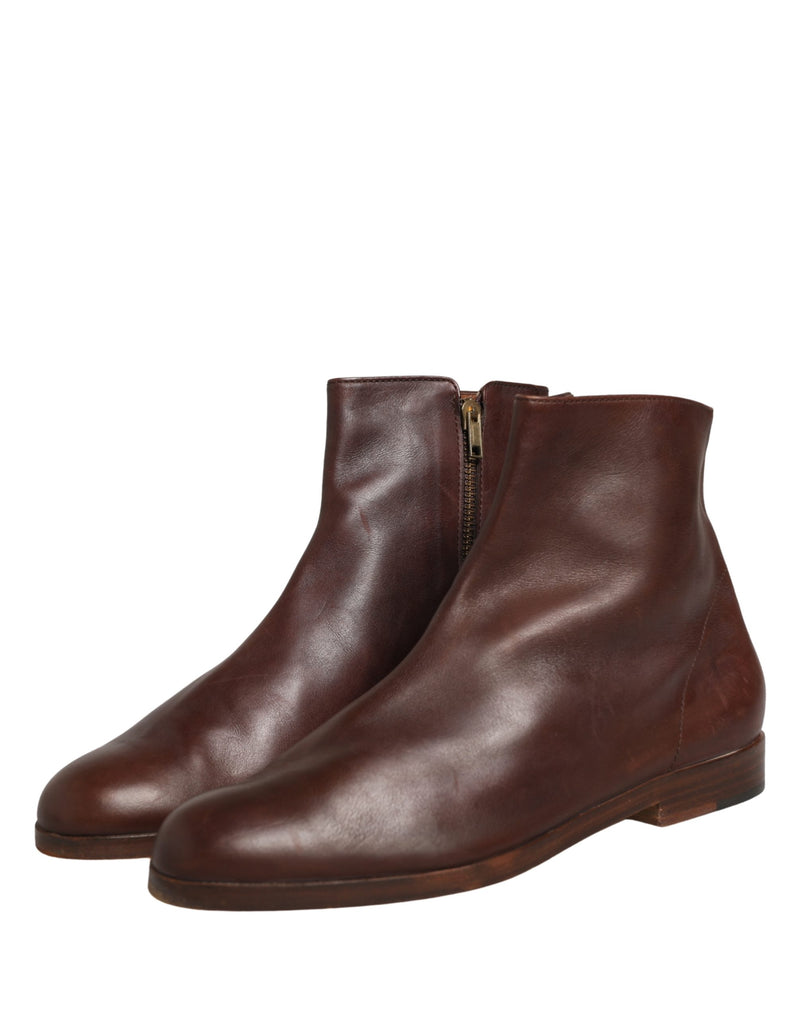 Dolce & Gabbana Brown Leather Flats Biker Ankle Boots