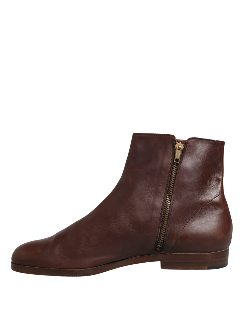 Dolce & Gabbana Brown Leather Flats Biker Ankle Boots