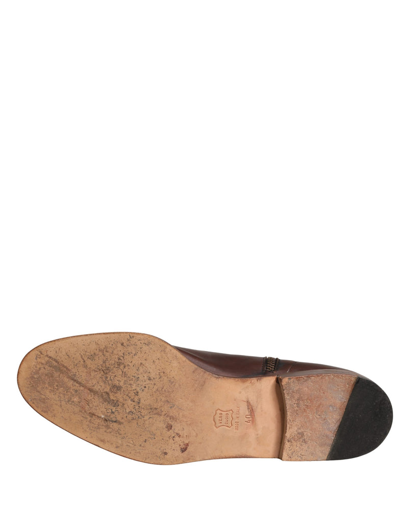 Dolce & Gabbana Brown Leather Flats Biker Ankle Boots