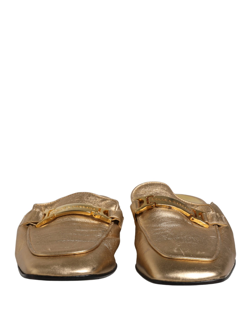 Dolce & Gabbana Gold Leather Mule Loafers Slides Flats