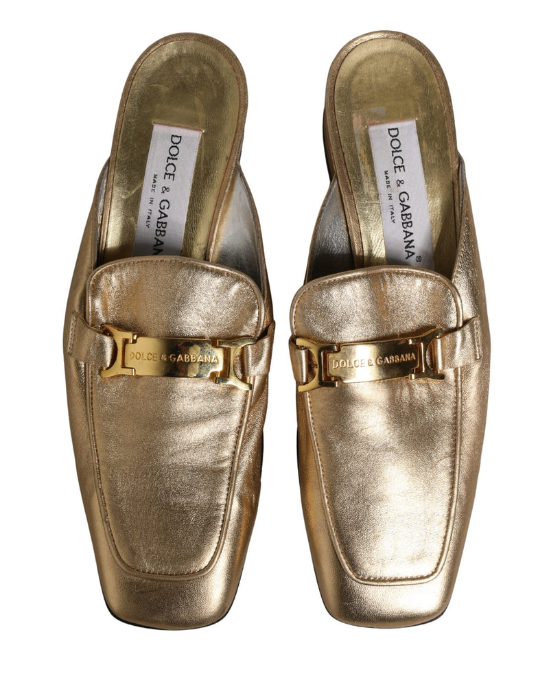 Dolce & Gabbana Gold Leather Mule Loafers Slides Flats