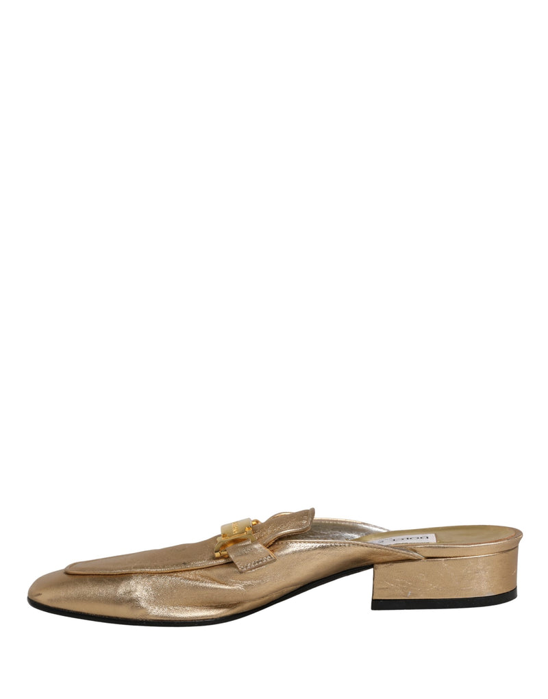 Dolce & Gabbana Gold Leather Mule Loafers Slides Flats