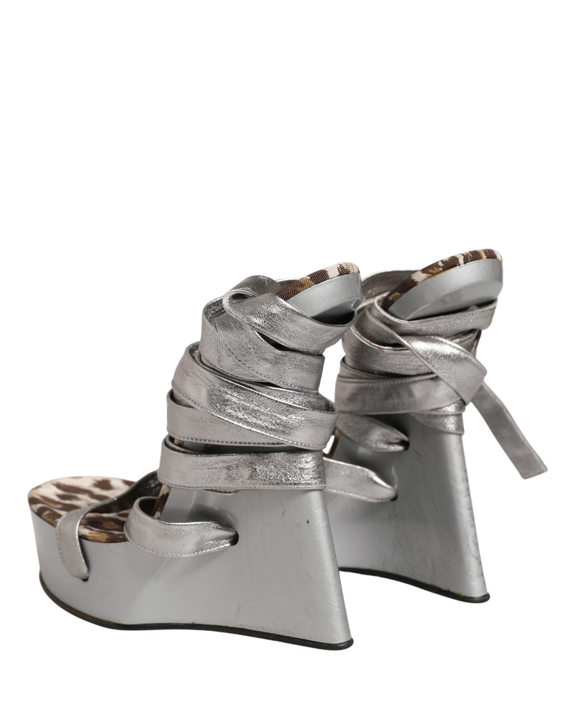 Dolce & Gabbana Silver Leather Platform Wedge Sandals