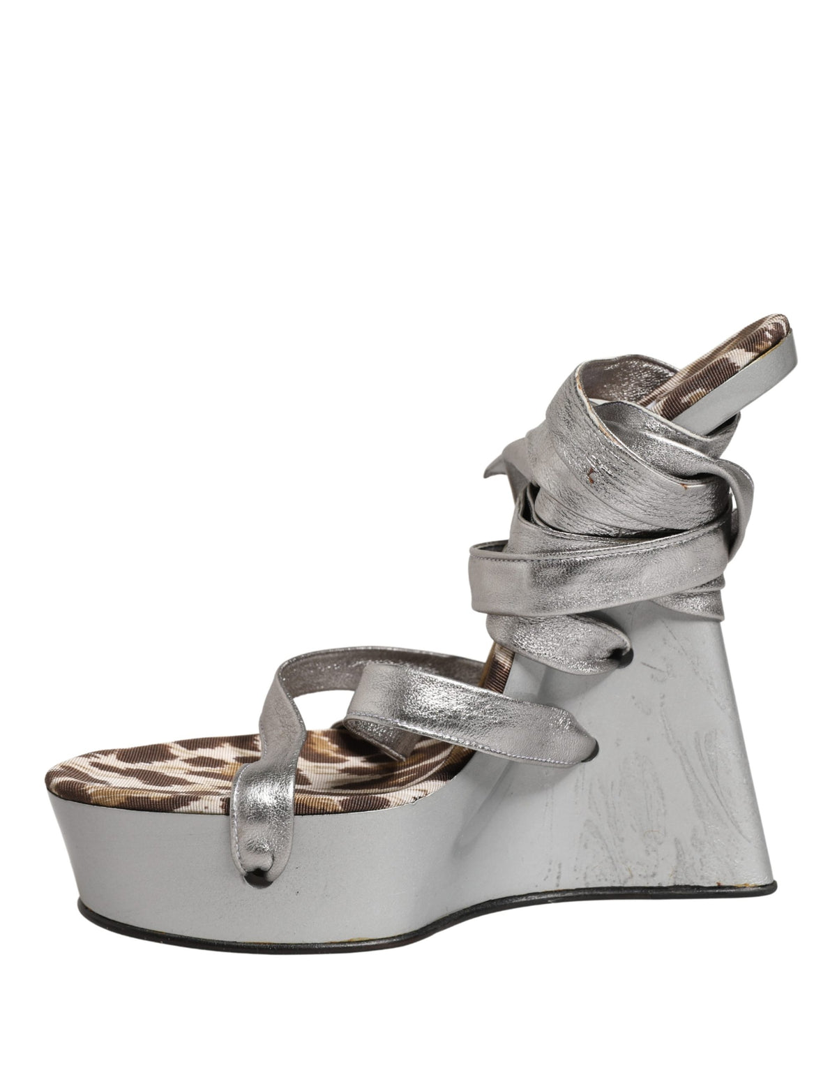 Dolce & Gabbana Silver Leather Platform Wedge Sandals