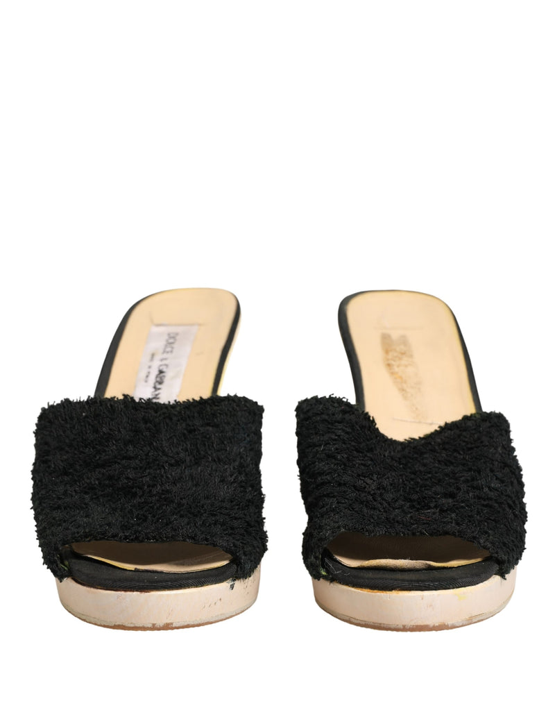 Dolce & Gabbana Black Fabric Fur Mule Wood Platform Heels