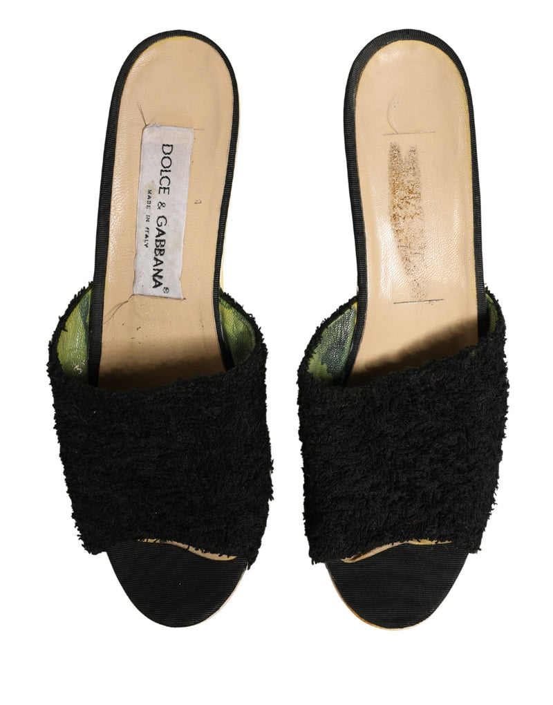 Dolce & Gabbana Black Fabric Fur Mule Wood Platform Heels
