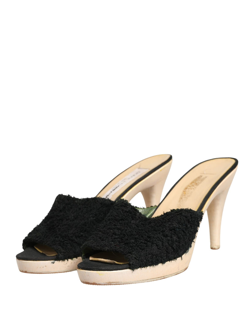 Dolce & Gabbana Black Fabric Fur Mule Wood Platform Heels