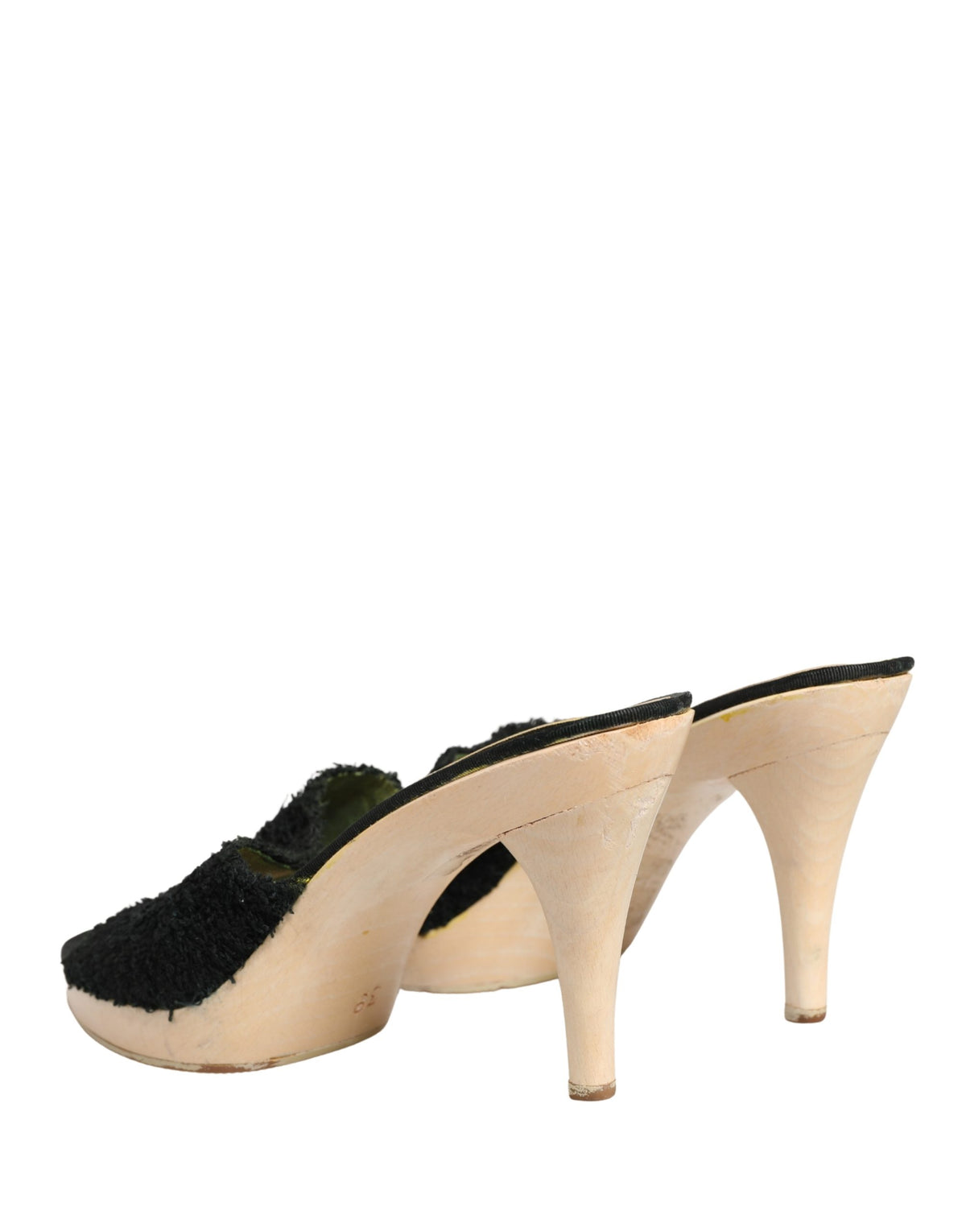 Dolce & Gabbana Black Fabric Fur Mule Wood Platform Heels