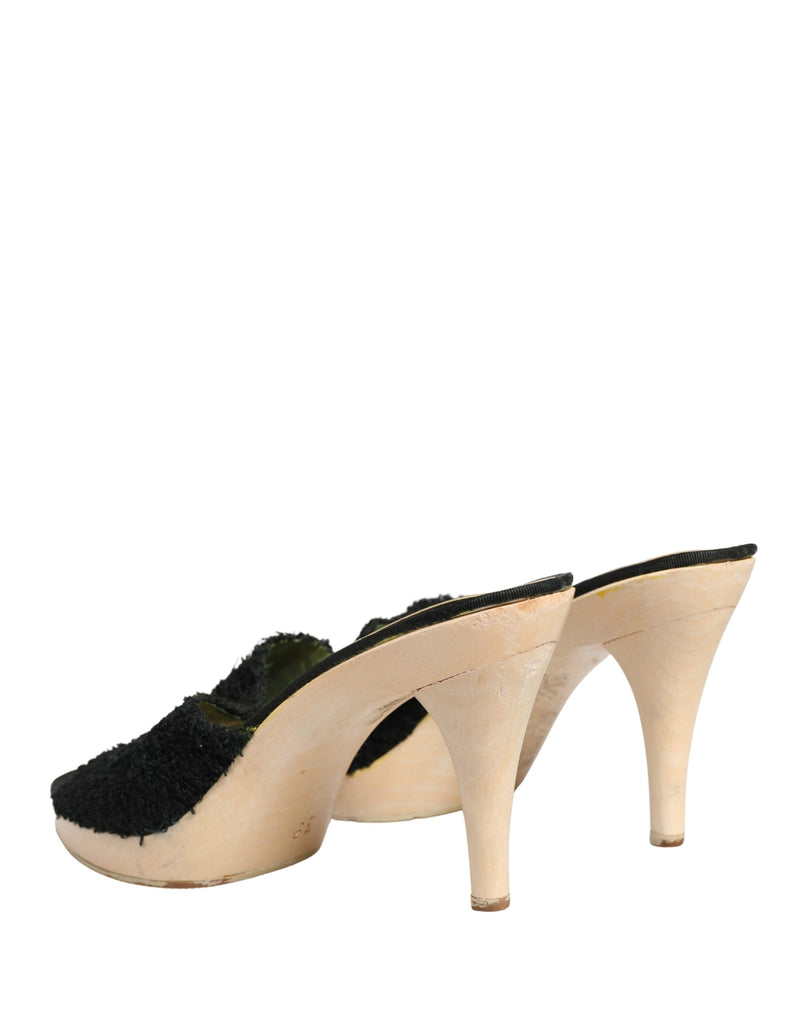 Dolce & Gabbana Black Fabric Fur Mule Wood Platform Heels
