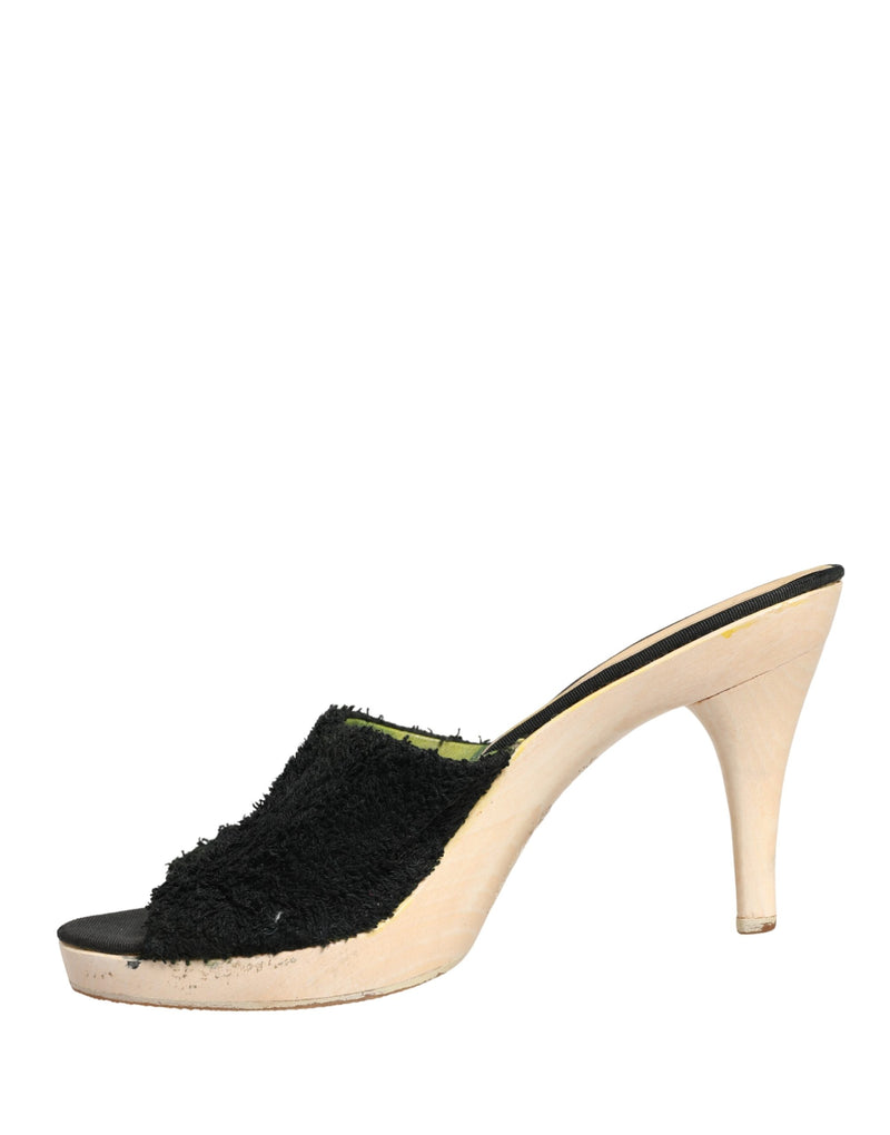 Dolce & Gabbana Black Fabric Fur Mule Wood Platform Heels