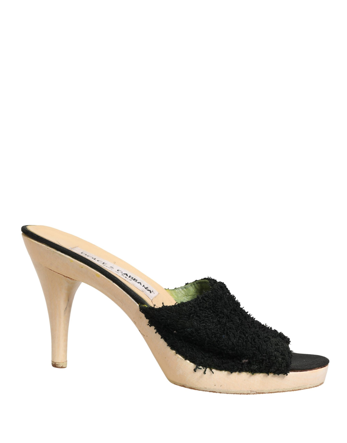 Dolce & Gabbana Black Fabric Fur Mule Wood Platform Heels