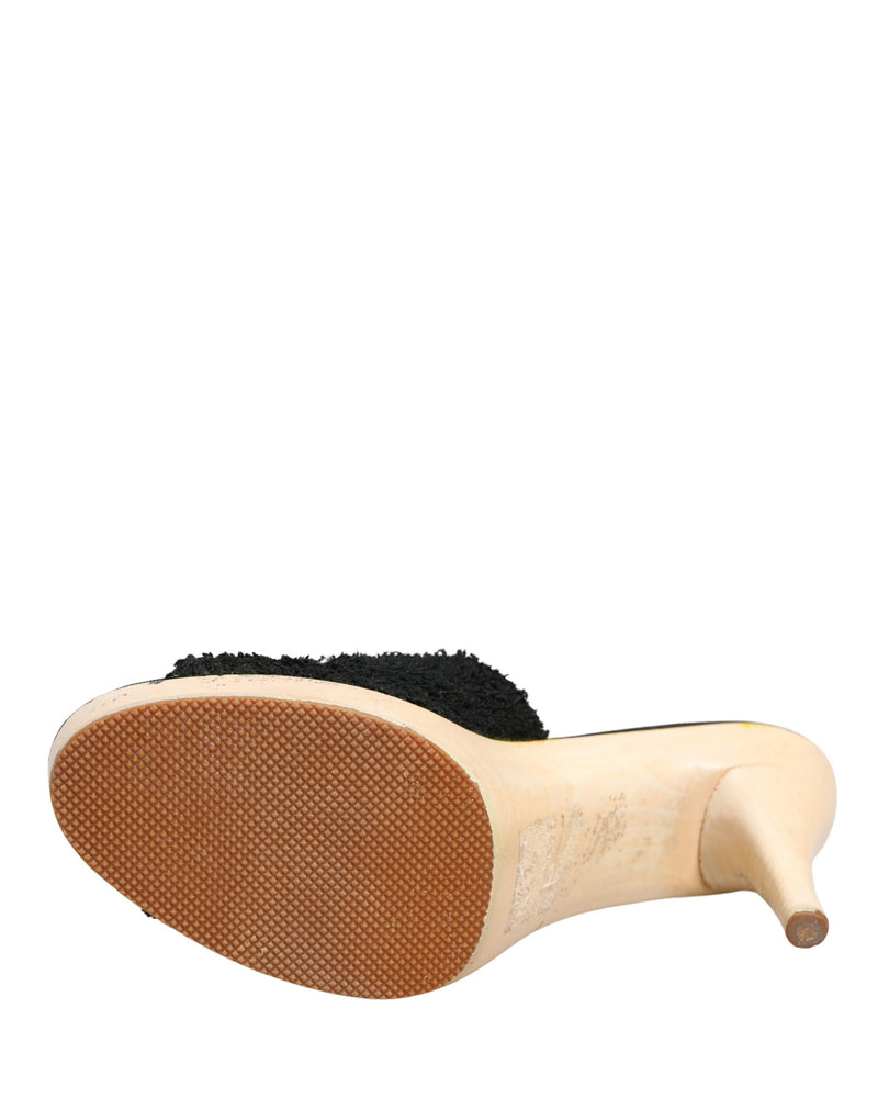 Dolce & Gabbana Black Fabric Fur Mule Wood Platform Heels