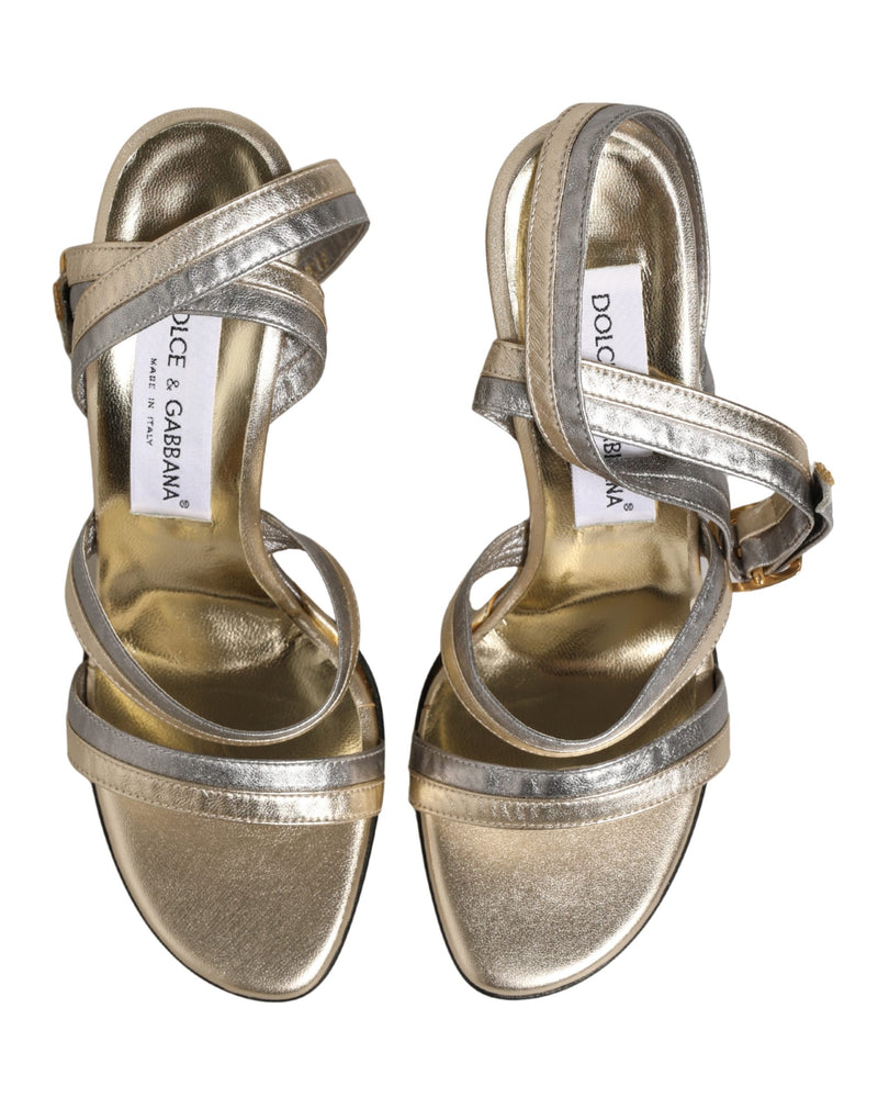 Dolce & Gabbana Gold Silver Leather Wedge Sandals