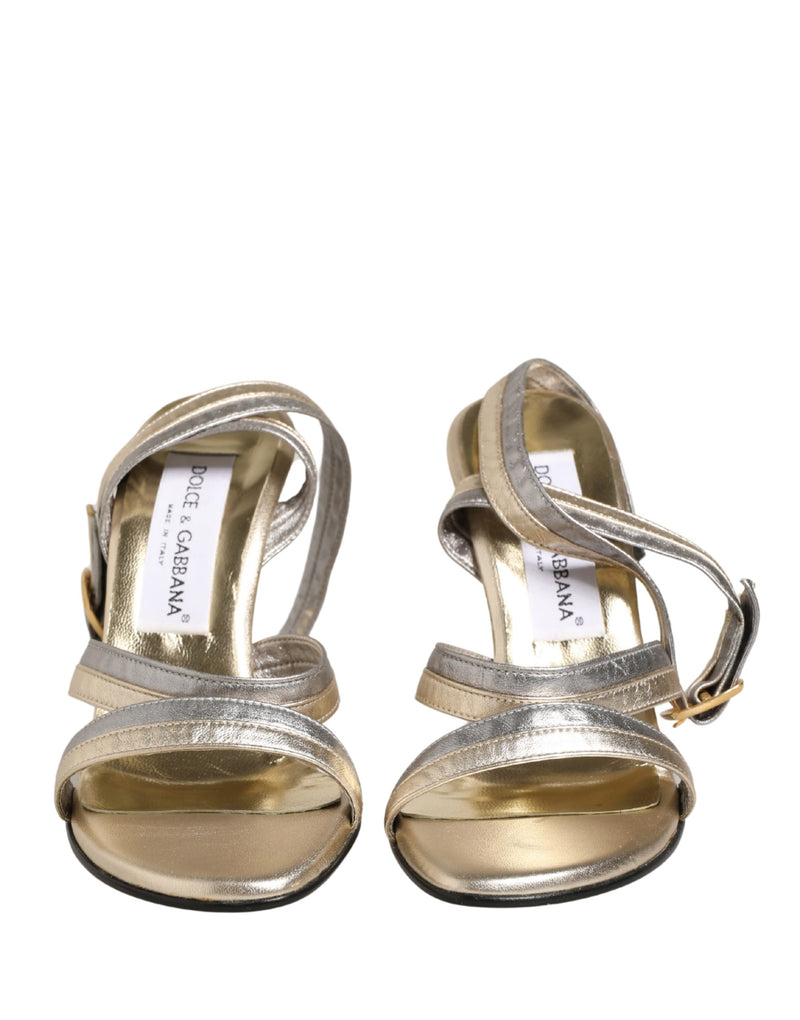 Dolce & Gabbana Gold Silver Leather Wedge Sandals