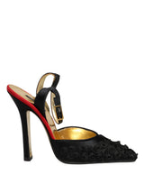 Dolce & Gabbana Black Satin Floral Ankle Strap Sandals