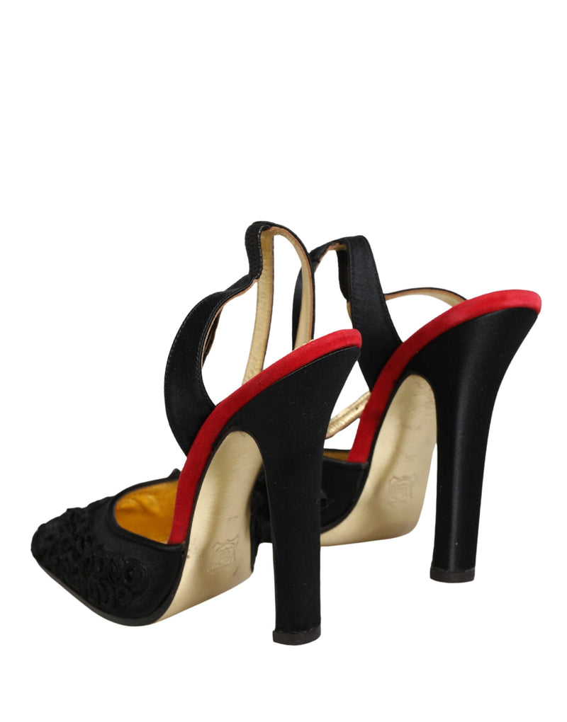 Dolce & Gabbana Black Satin Floral Ankle Strap Sandals