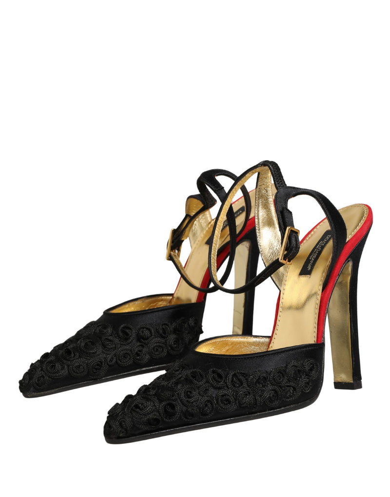 Dolce & Gabbana Black Satin Floral Ankle Strap Sandals