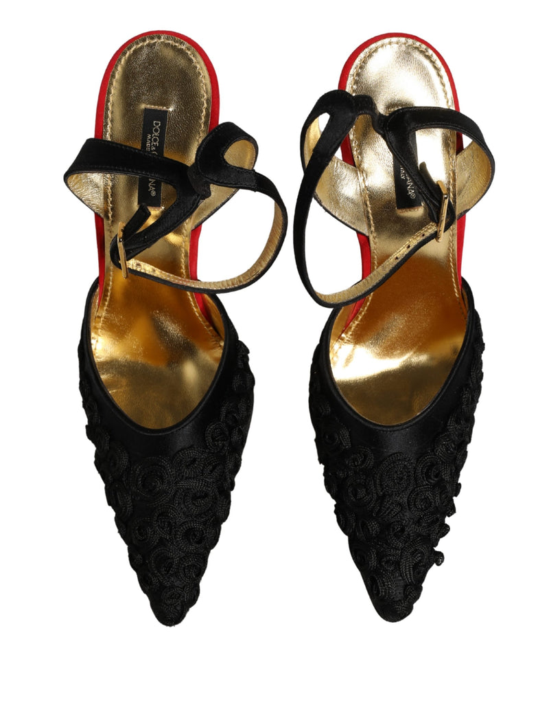 Dolce & Gabbana Black Satin Floral Ankle Strap Sandals
