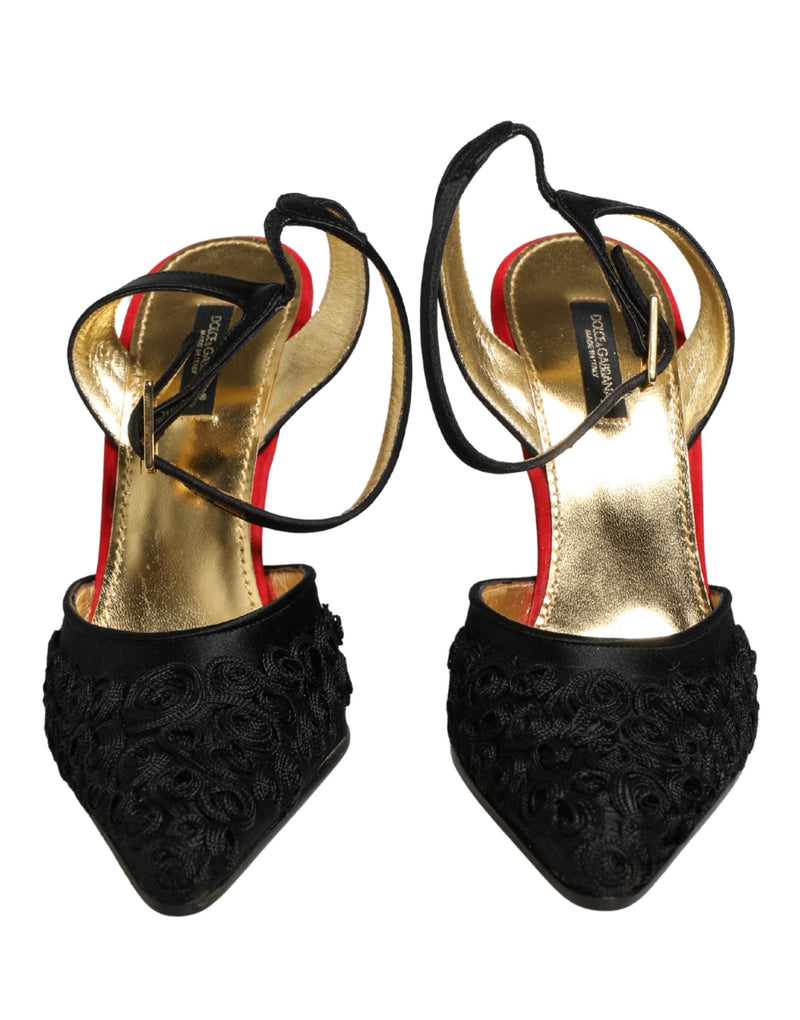 Dolce & Gabbana Black Satin Floral Ankle Strap Sandals