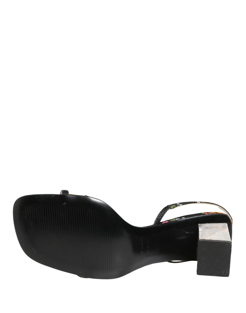 Dolce & Gabbana Black Silver Floral Block Heels Sandals