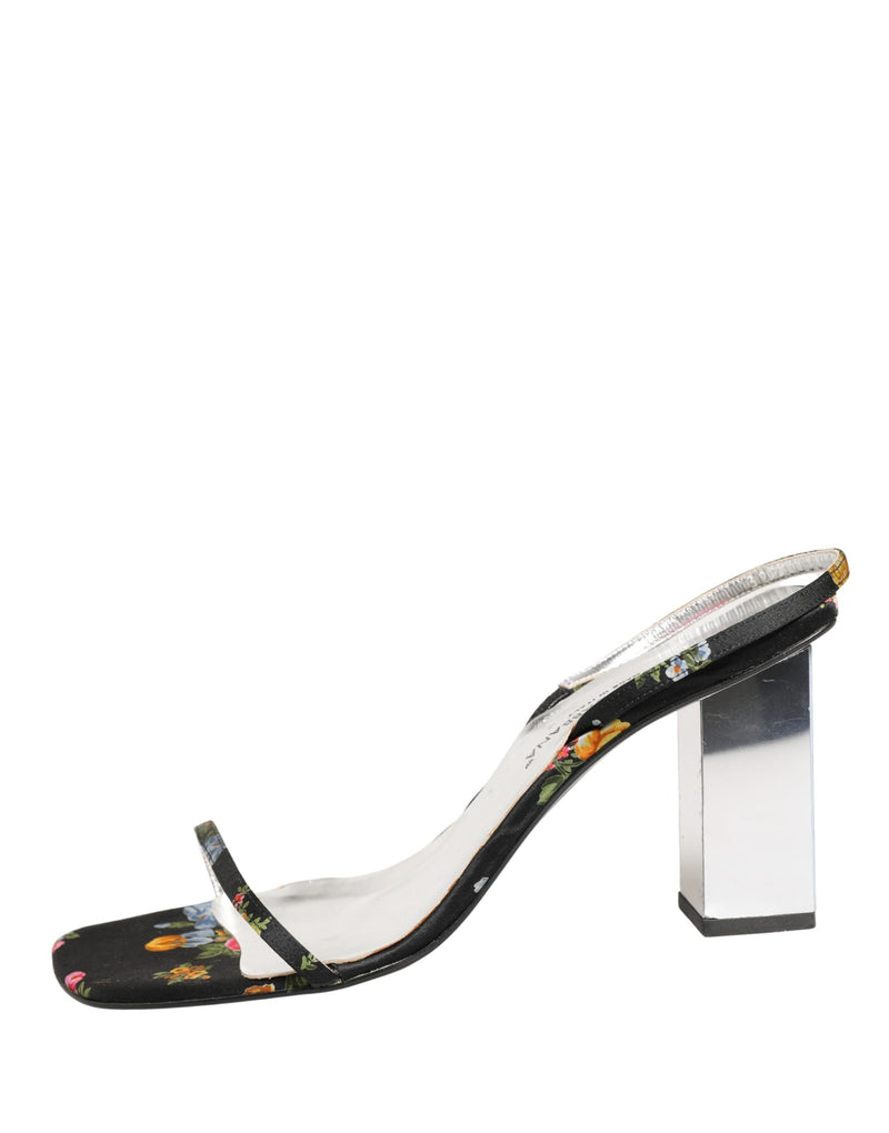 Dolce & Gabbana Black Silver Floral Block Heels Sandals