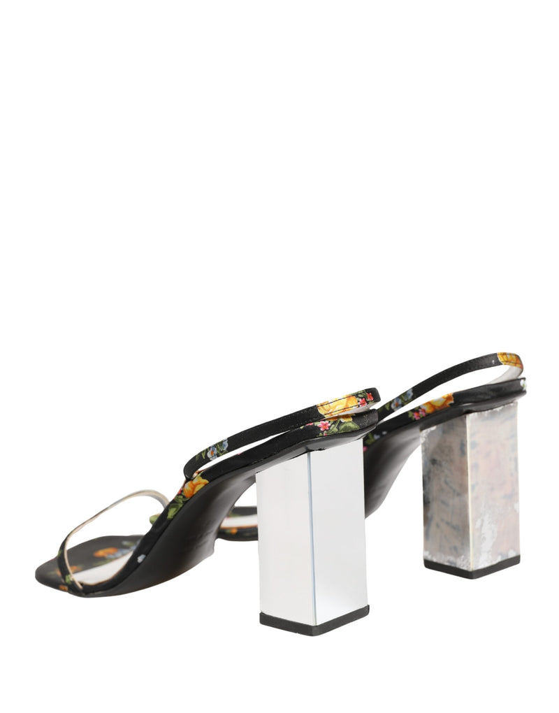 Dolce & Gabbana Black Silver Floral Block Heels Sandals