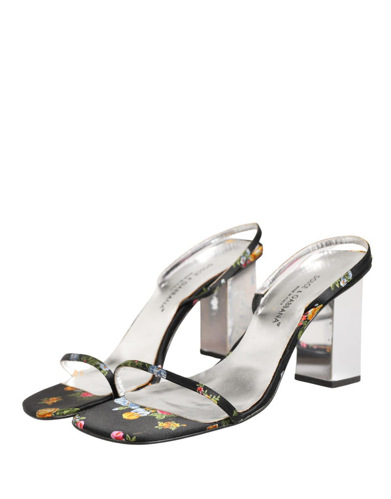 Dolce & Gabbana Black Silver Floral Block Heels Sandals