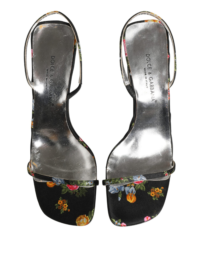 Dolce & Gabbana Black Silver Floral Block Heels Sandals