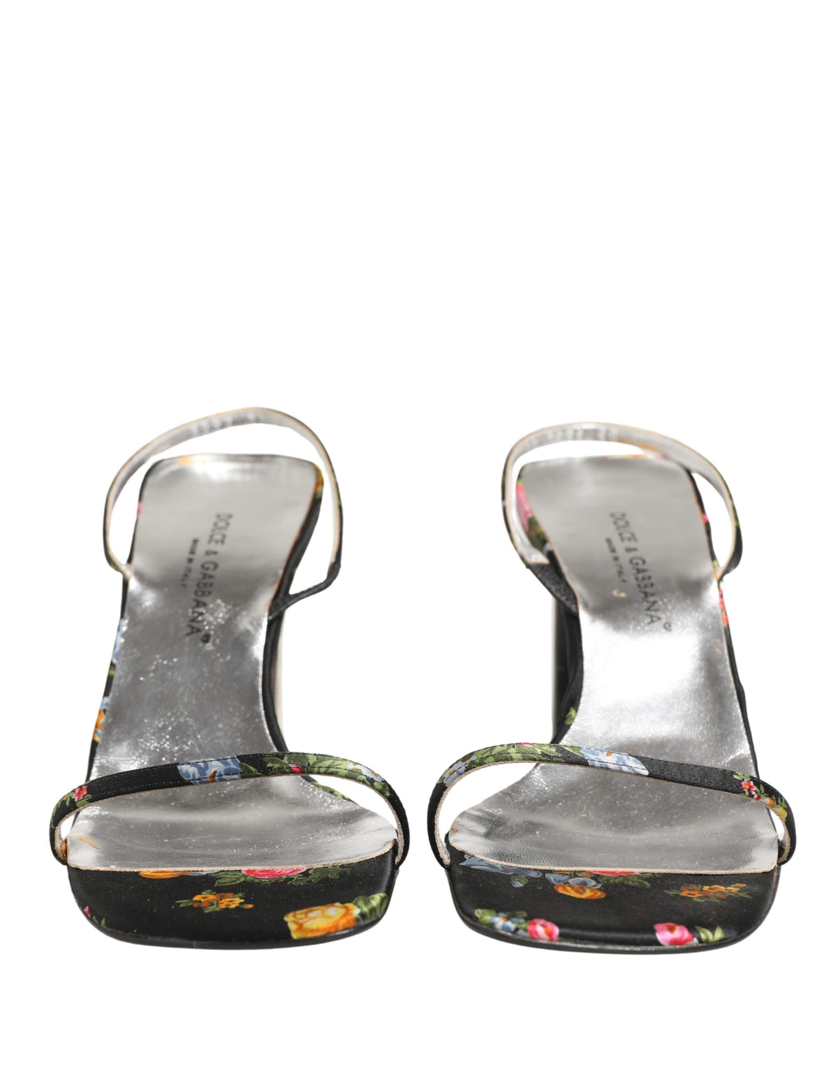 Dolce & Gabbana Black Silver Floral Block Heels Sandals