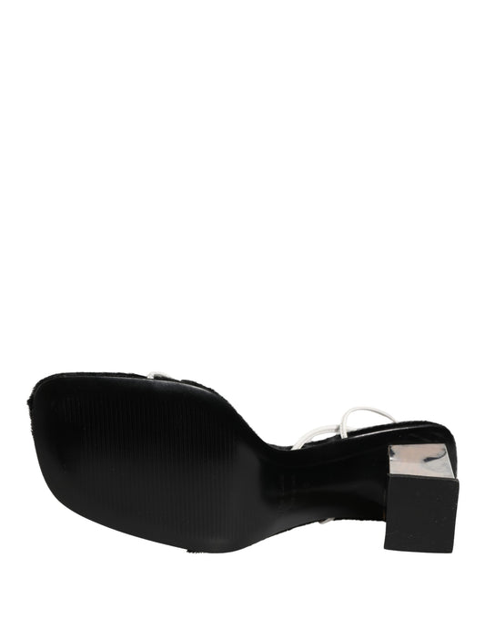 Dolce & Gabbana Silver Black Leather Block Heels Sandals